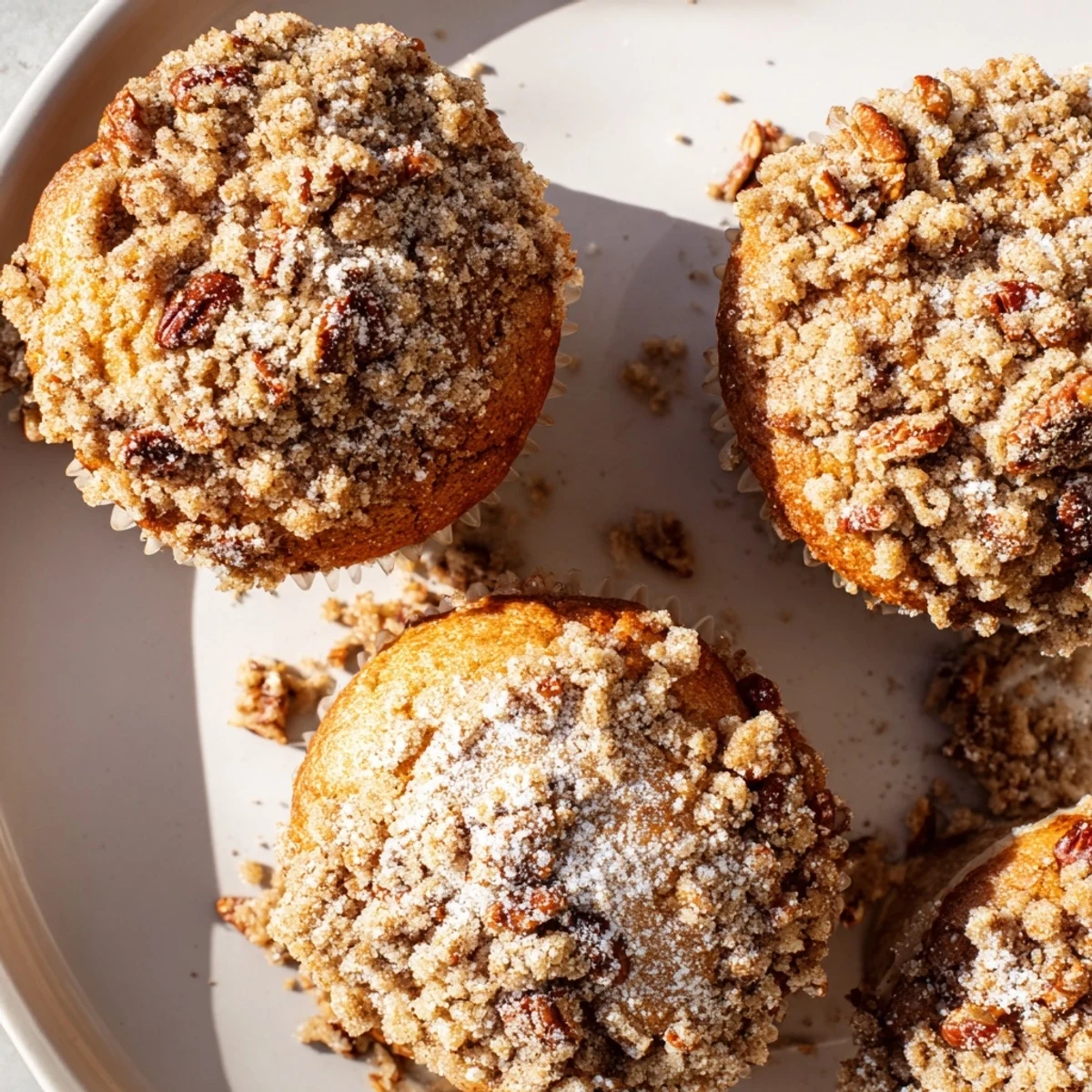 A close-up shows Cinnamon Muffins with Crunch Topping and a cup of hot coffee.