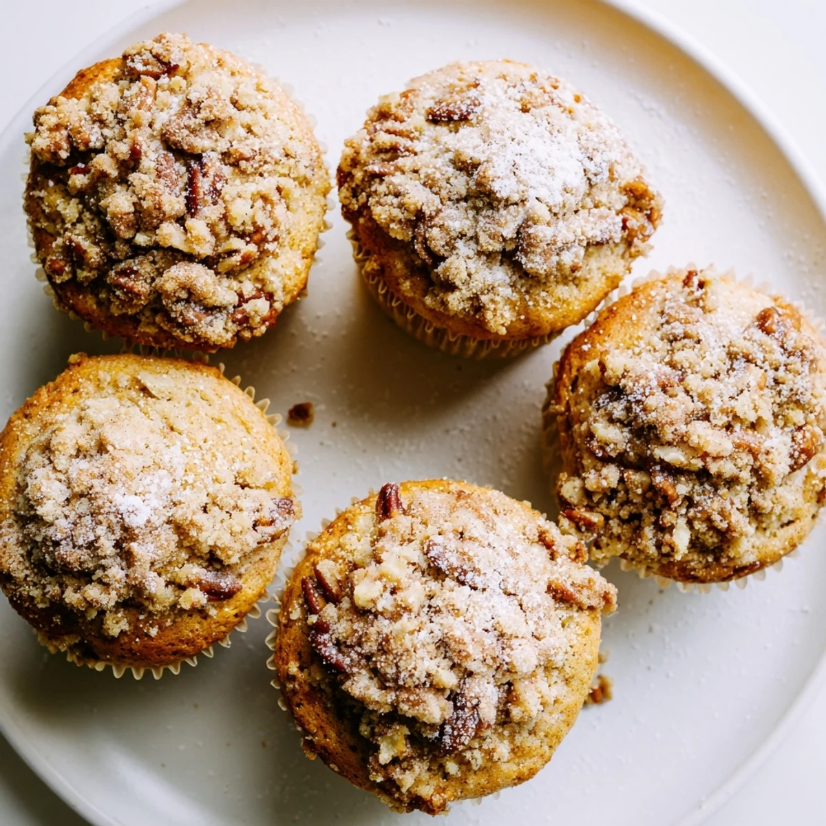 Golden-brown Cinnamon Muffins with Crunch Topping sit on a wire rack, ready for breakfast.