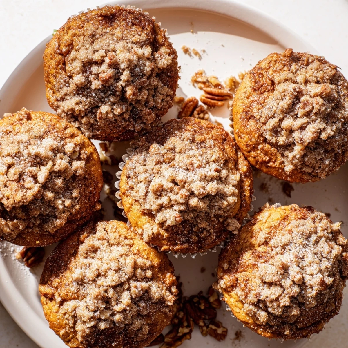 Dusted with powdered sugar, Cinnamon Muffins with Crunch Topping are served on a ceramic plate.