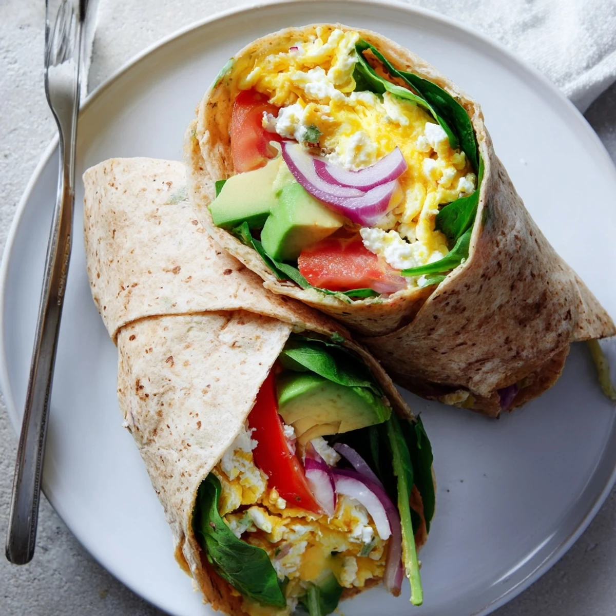 A close-up of the High Protein Breakfast Wrap reveals diced tomatoes, red onion, and a warm whole wheat tortilla.