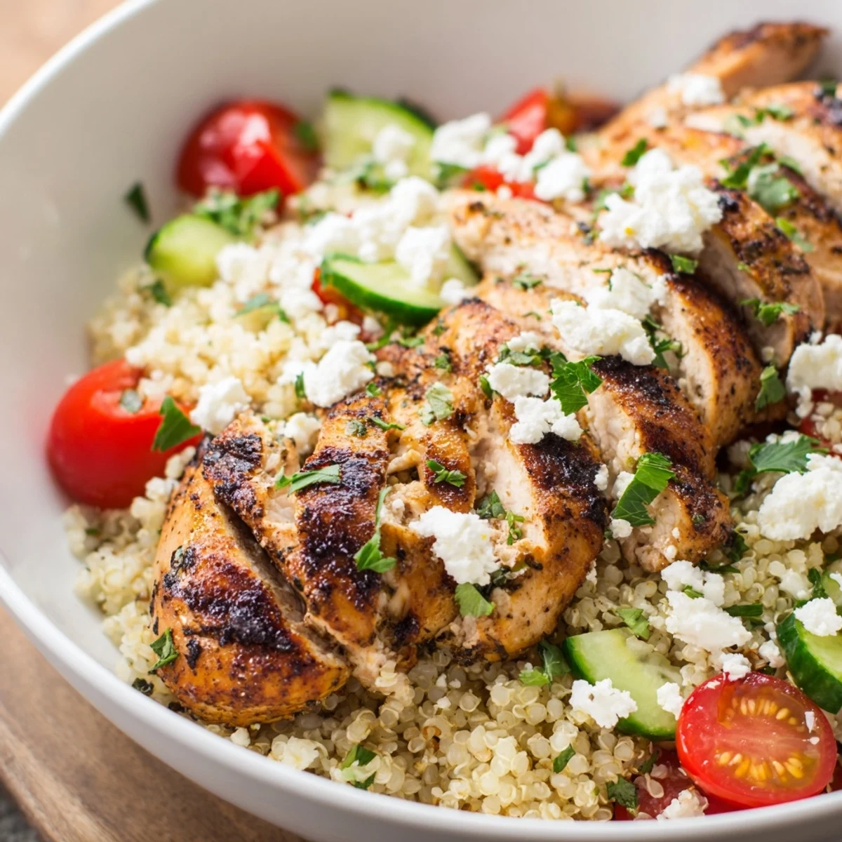 Juicy lemon herb grilled chicken slices rest on fluffy quinoa beside vibrant cherry tomatoes and crisp cucumbers in a sunny kitchen.