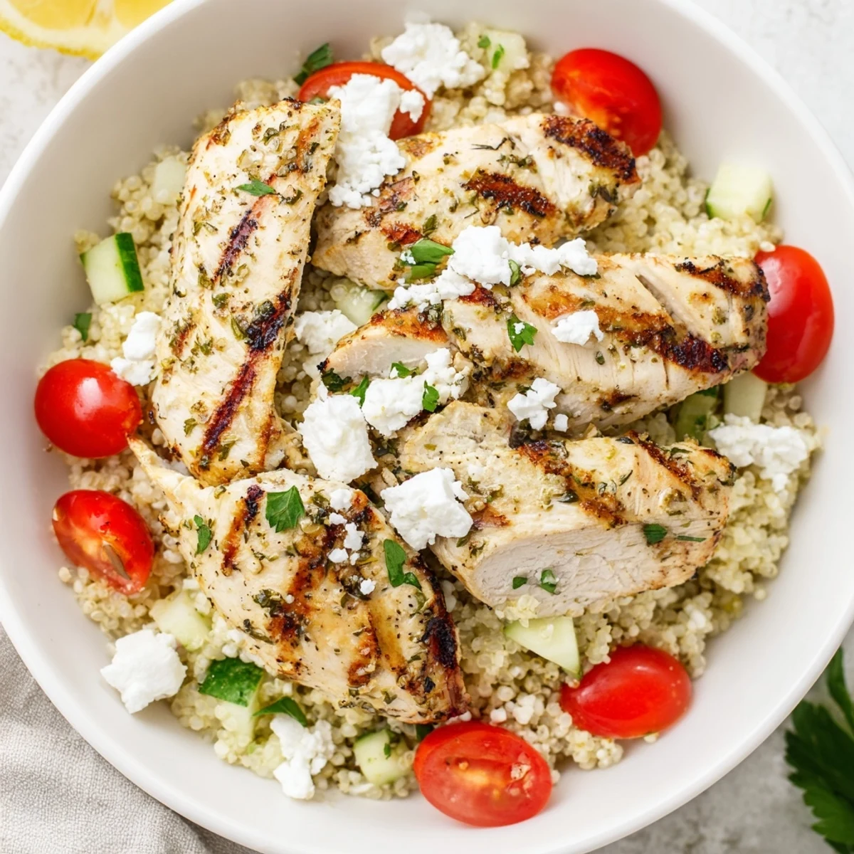 A close-up of the lemon herb grilled chicken quinoa bowl shows colorful vegetables and a drizzle of zesty dressing ready to serve.
