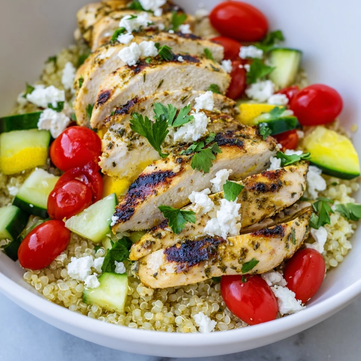 Savory grilled chicken thighs are topped with fresh herbs and feta, served over warm quinoa with bright red onion and spinach.