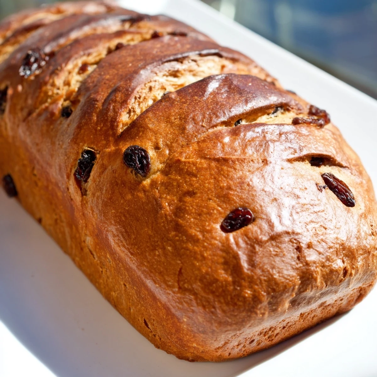 Golden-brown Cinnamon Raisin Artisan Bread slices sit on a wooden cutting board, showcasing a soft interior studded with plump raisins and visible cinnamon swirls.