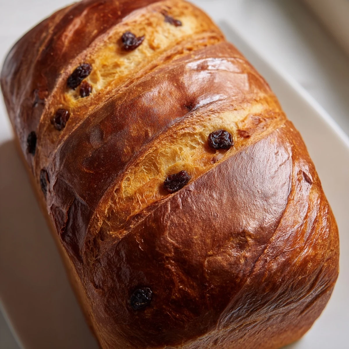 A close-up of freshly baked Cinnamon Raisin Artisan Bread reveals a rustic, crackly crust and tender crumb, perfect for serving with morning coffee or tea.