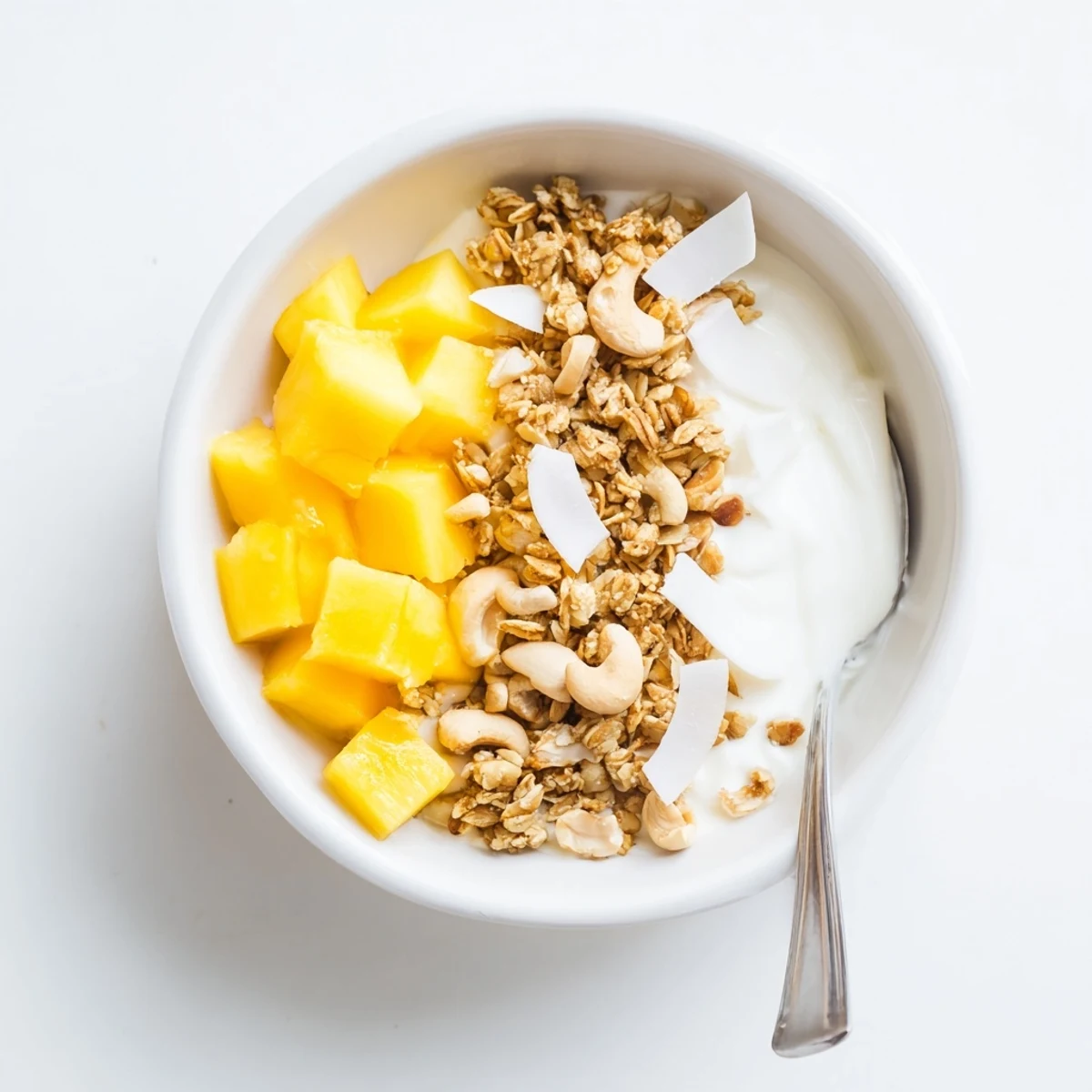 Vibrant diced mango, coconut flakes, and chopped cashews add a tropical flair to these Easy Yogurt Granola Bowls 4 Ways.