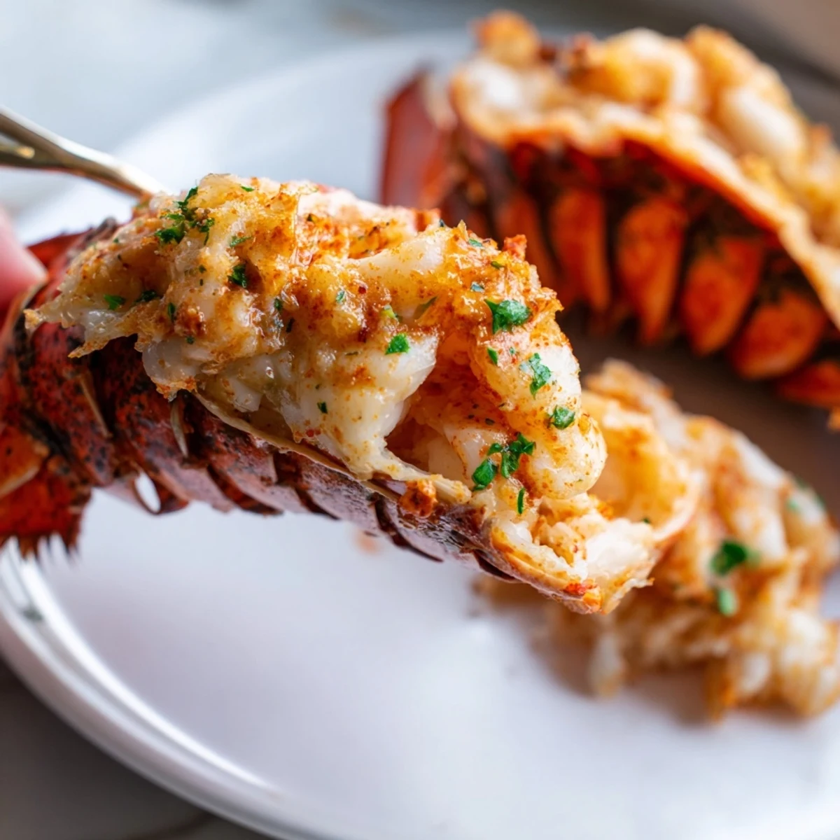 Golden-brown Air Fryer Lobster Tails glistening with garlic butter sauce, served on a white plate with lemon wedges.