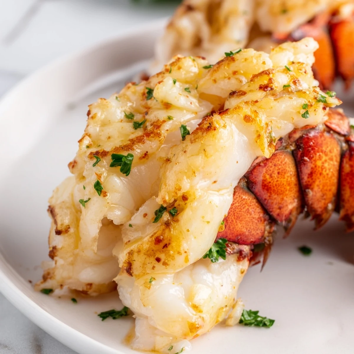 Close-up of succulent Air Fryer Lobster Tails resting on the shell, garnished with fresh parsley and lemon zest.