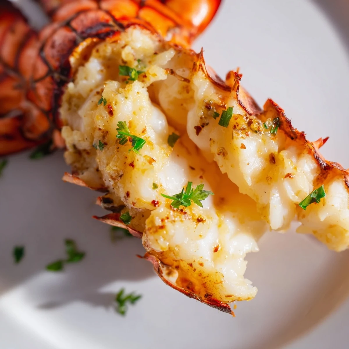 Easy Air Fryer Lobster Tails with tender meat and smoky paprika, paired with steamed asparagus for a dinner plate.