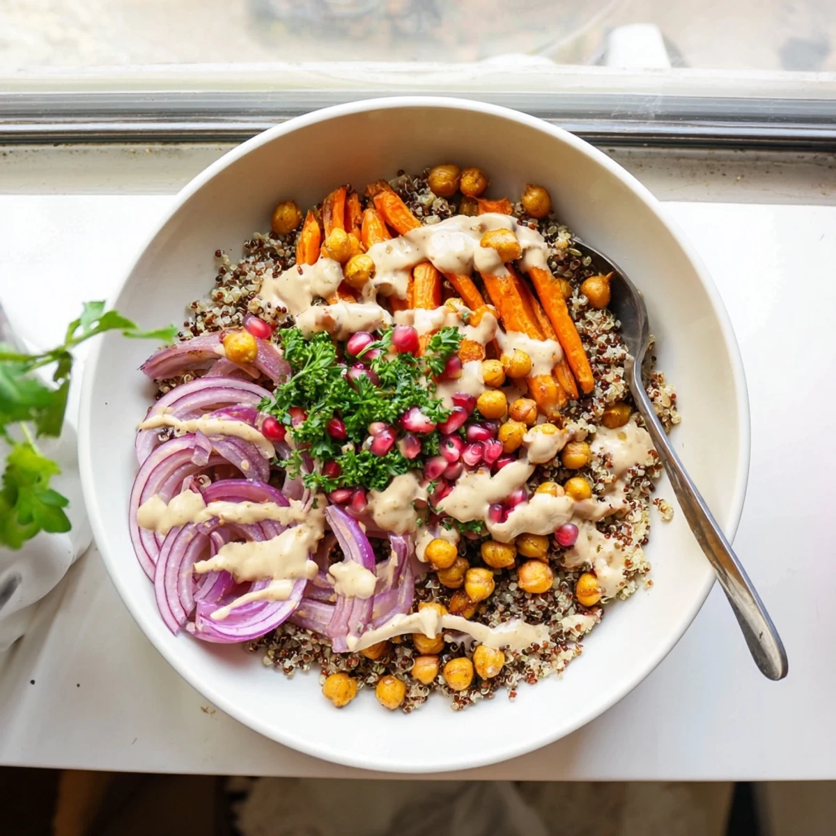 A close up of One Pan Roasted Carrot Chickpea Bowl with fresh parsley and pomegranate seeds garnish.