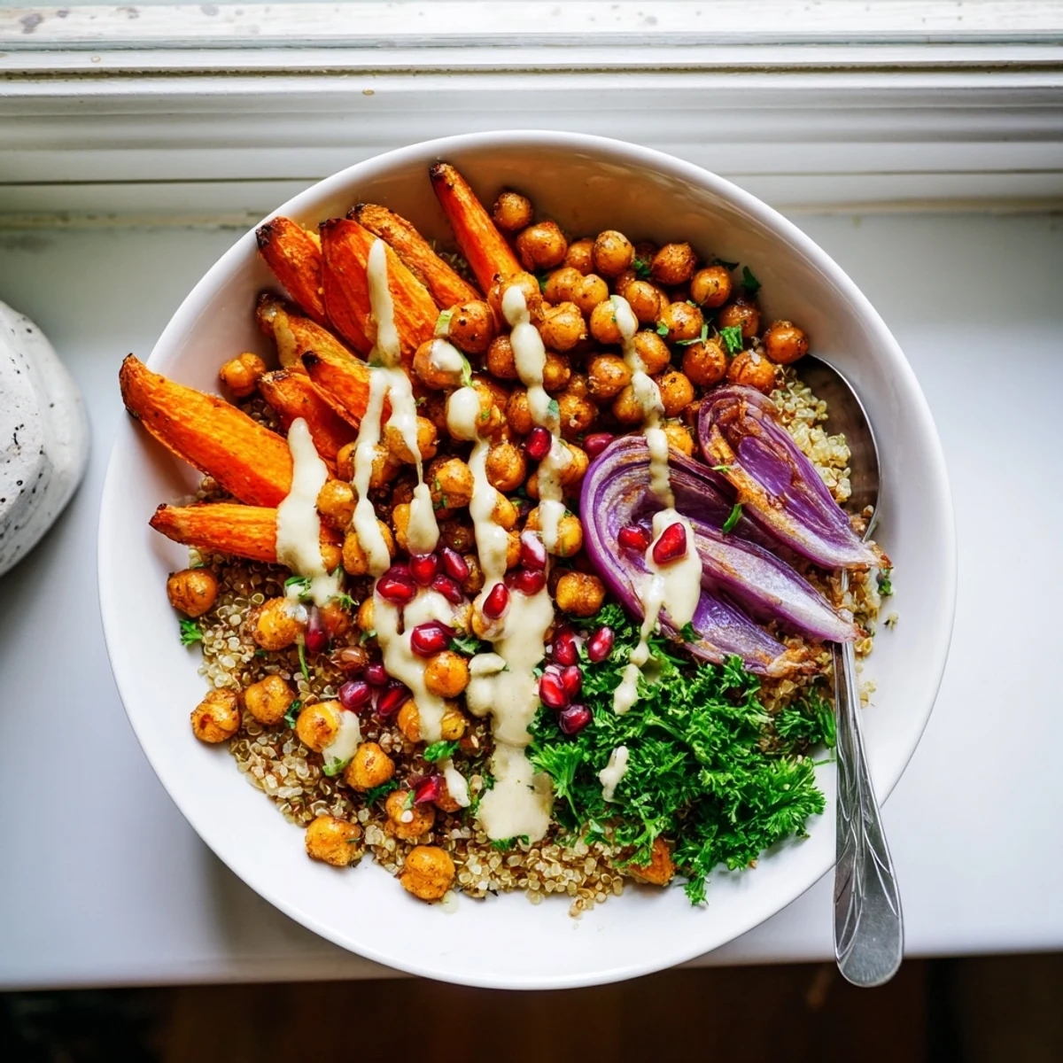 Roasted carrots and crispy chickpeas in a One Pan Roasted Carrot Chickpea Bowl drizzled with creamy tahini dressing.