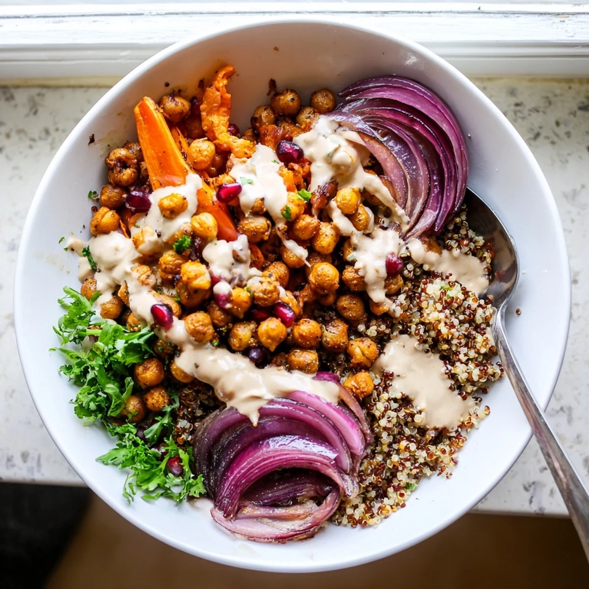 One Pan Roasted Carrot Chickpea Bowl served over quinoa on a rustic table with a side of dressing.