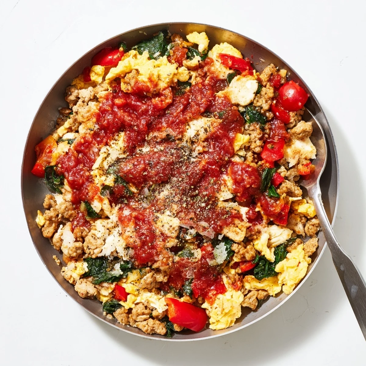 A close-up of the High Protein Breakfast Pizza Bowl Cheesy Delight with melted mozzarella on fluffy eggs.