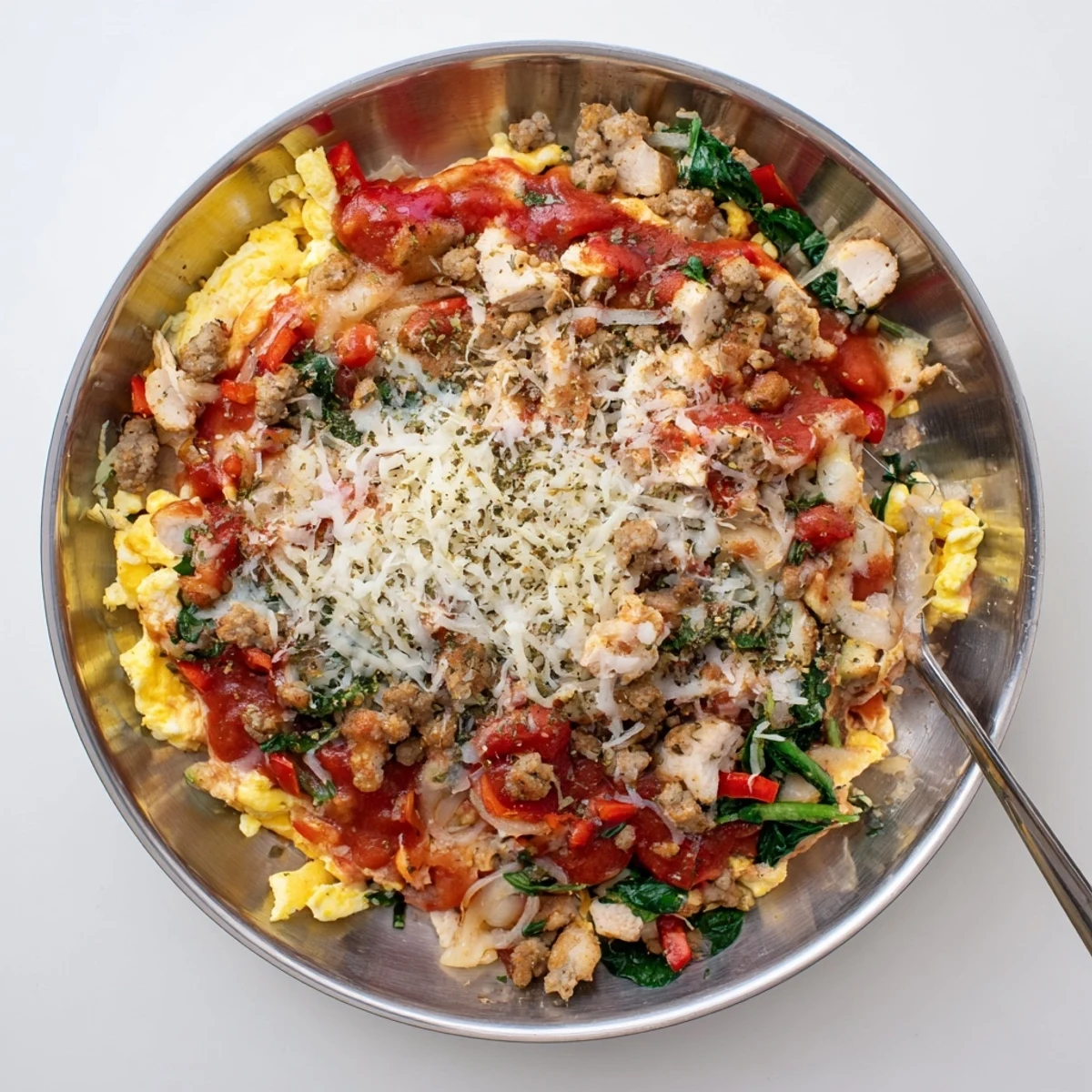 The High Protein Breakfast Pizza Bowl Cheesy Delight features vibrant bell peppers and juicy cherry tomatoes in a skillet.
