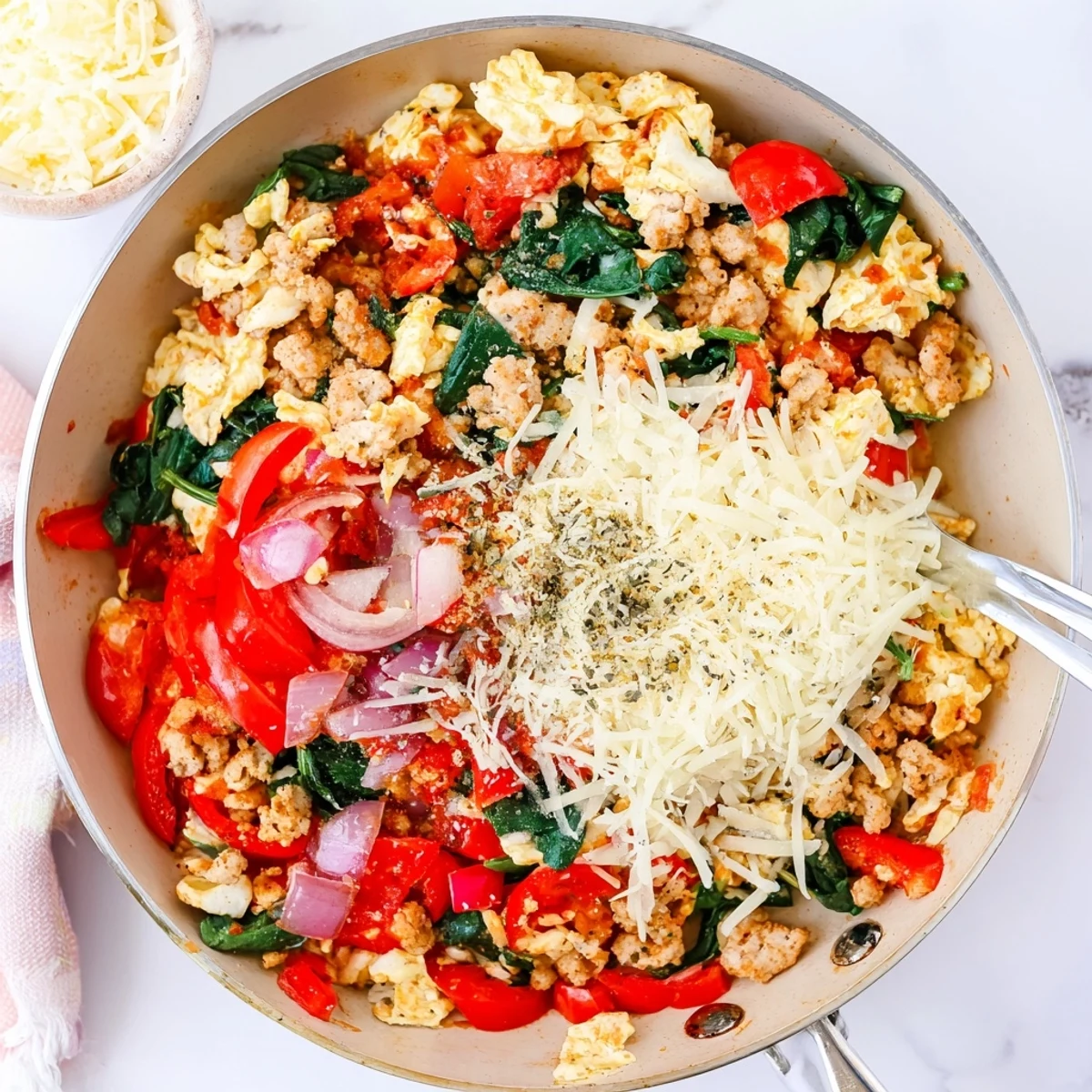 Serve the High Protein Breakfast Pizza Bowl Cheesy Delight with a fork beside fresh basil and a sprinkle of Parmesan.