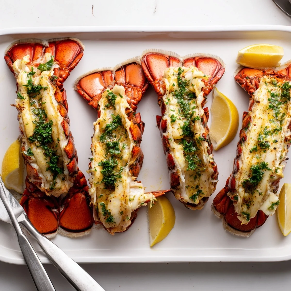 Tender Garlic Butter Lobster Tails broiled to perfection, paired with steamed vegetables for an elegant dinner at home.
