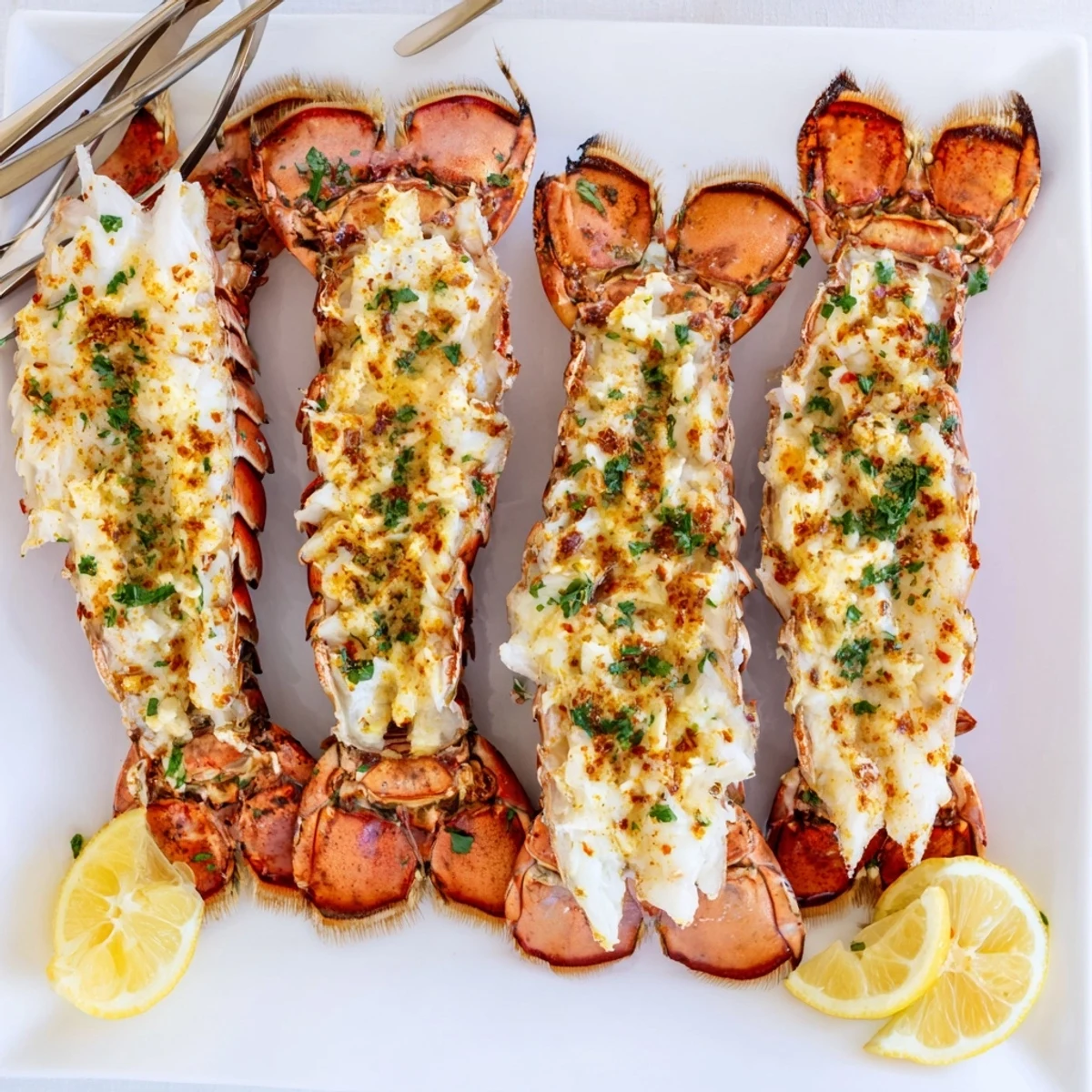 Succulent Garlic Butter Lobster Tails rest on a foil-lined tray, served with bright lemon wedges for squeezing.