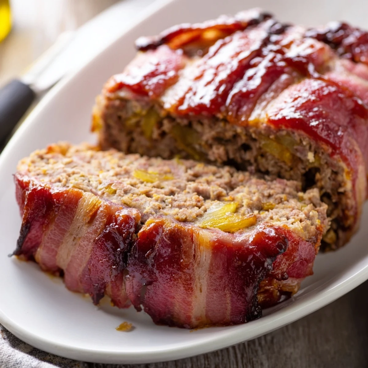 Thick-cut bacon wraps a juicy, glazed BBQ Beef Bacon Wrapped Meatloaf fresh from the oven on a rustic wooden board.