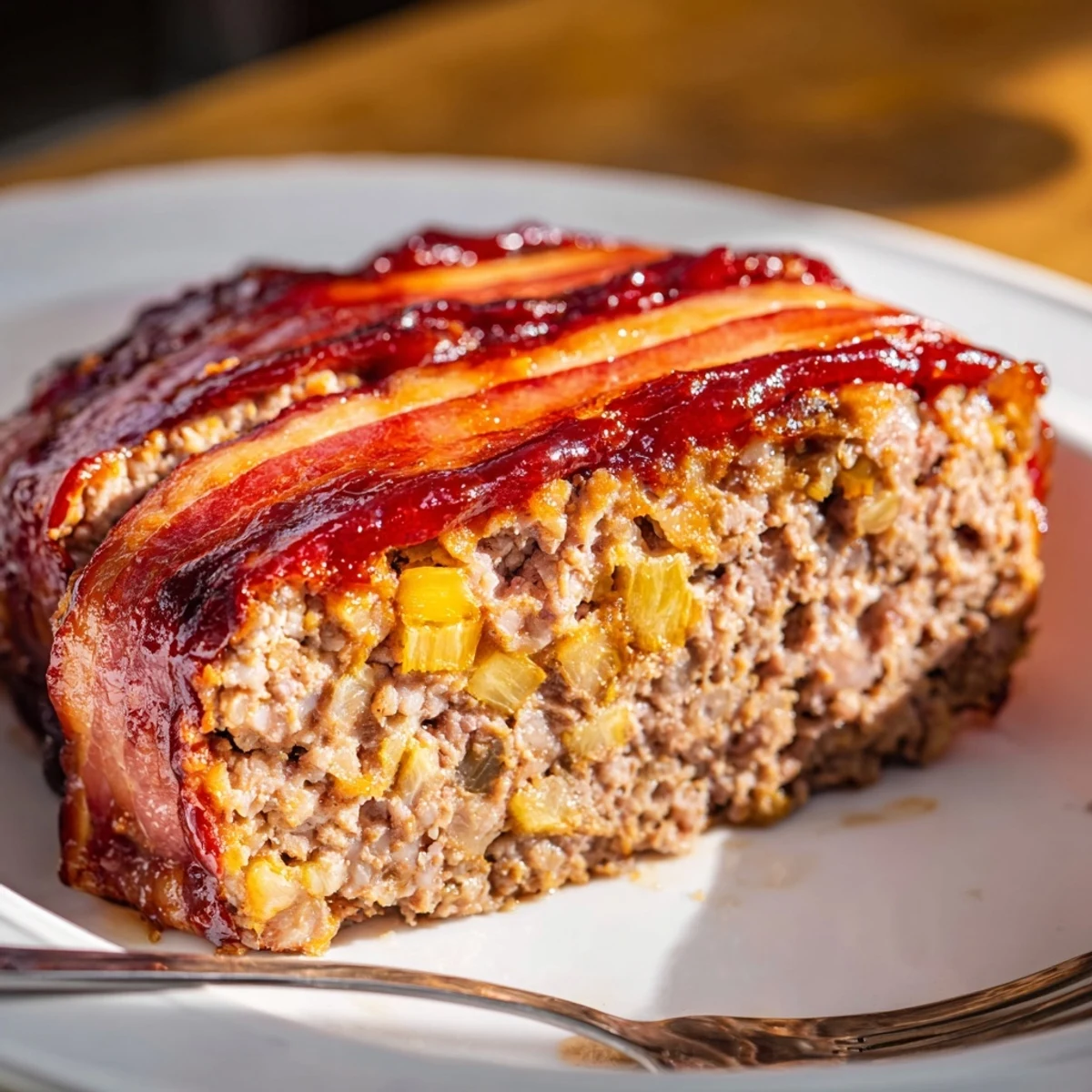 Family-style dinner plate featuring a hearty BBQ Beef Bacon Wrapped Meatloaf alongside roasted green beans and corn on the cob.