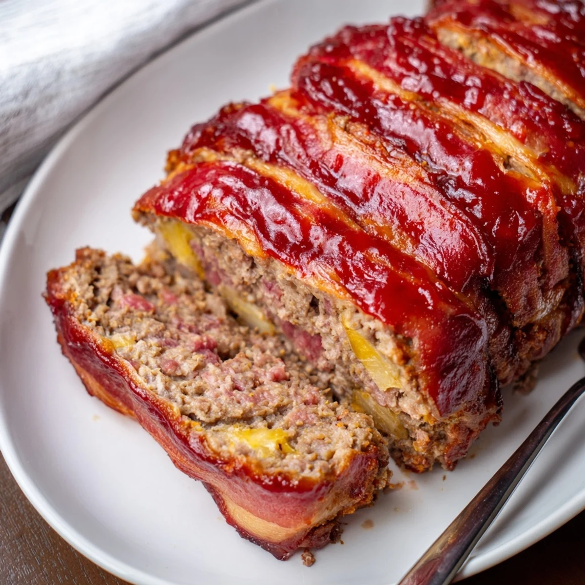 The crispy bacon topping glistens over a tender slice of BBQ Beef Bacon Wrapped Meatloaf served with mashed potatoes.