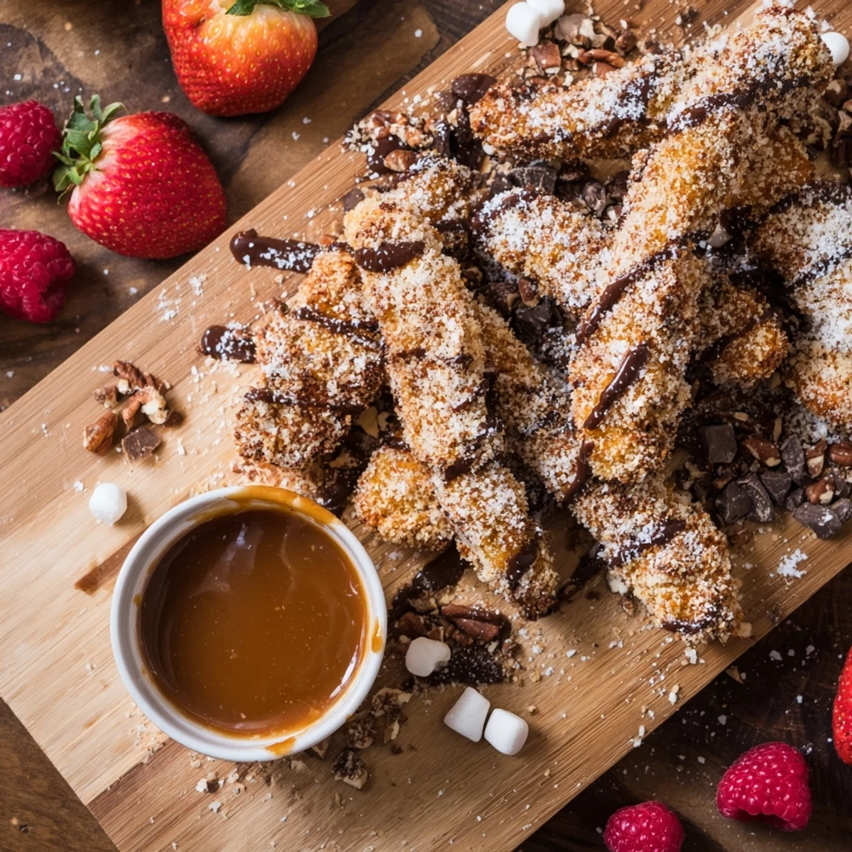 Golden Salted Caramel Apple Fries Board with powdered sugar dusting and rich caramel drizzle.