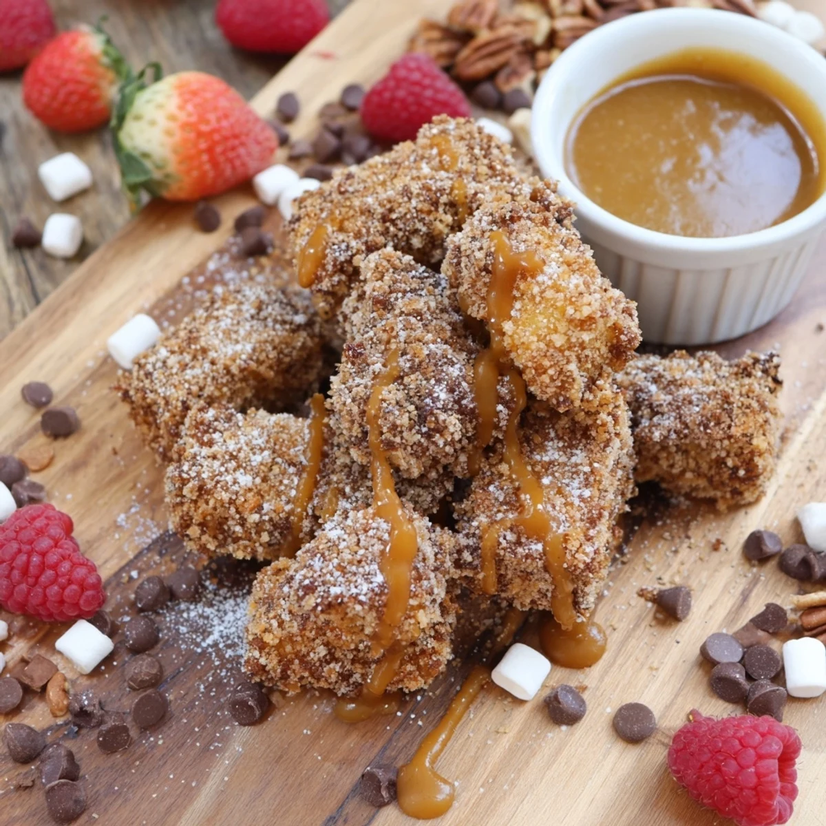 A close-up of the Salted Caramel Apple Fries Board featuring crunchy apple fries and fresh berries.