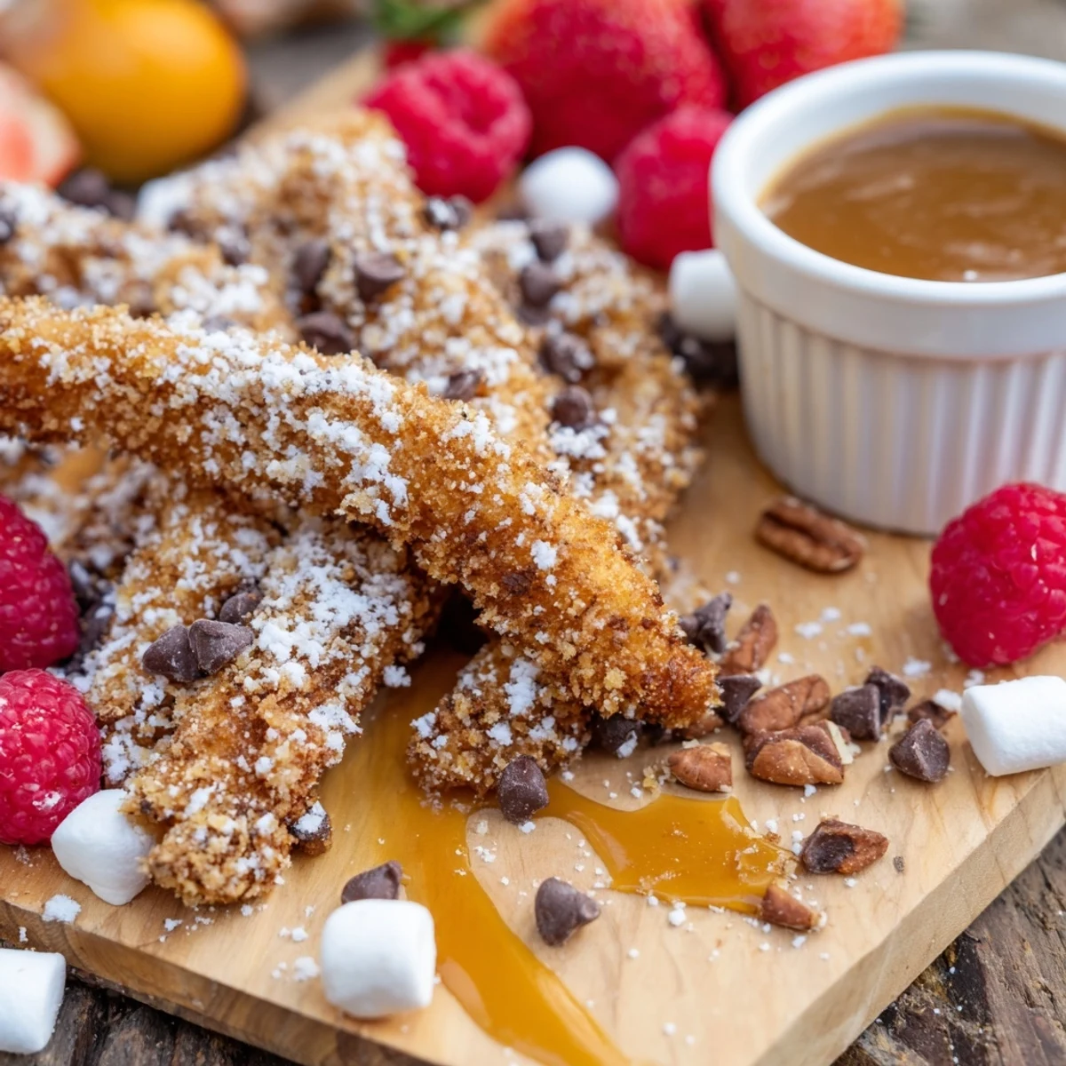 Festive Salted Caramel Apple Fries Board with dipping sauces and toppings for a sweet party treat.