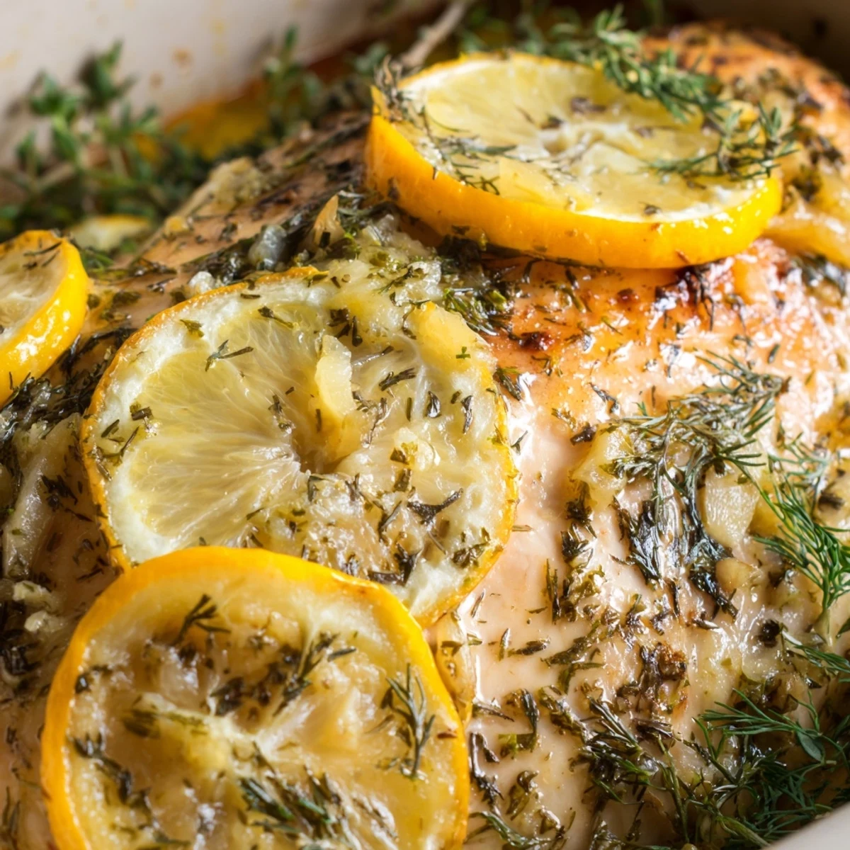 Paleo Lemon Dill Chicken glistens with golden juices in a white baking dish, garnished with fresh dill.