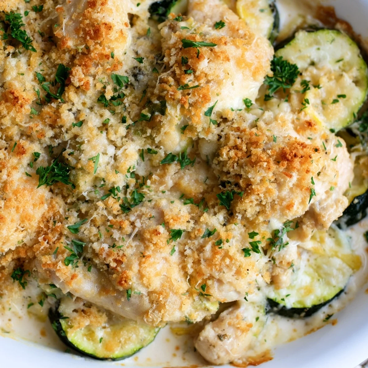 Hearty Chicken Zucchini Bake with melty mozzarella and parmesan, baked to perfection and paired with a fresh green salad.