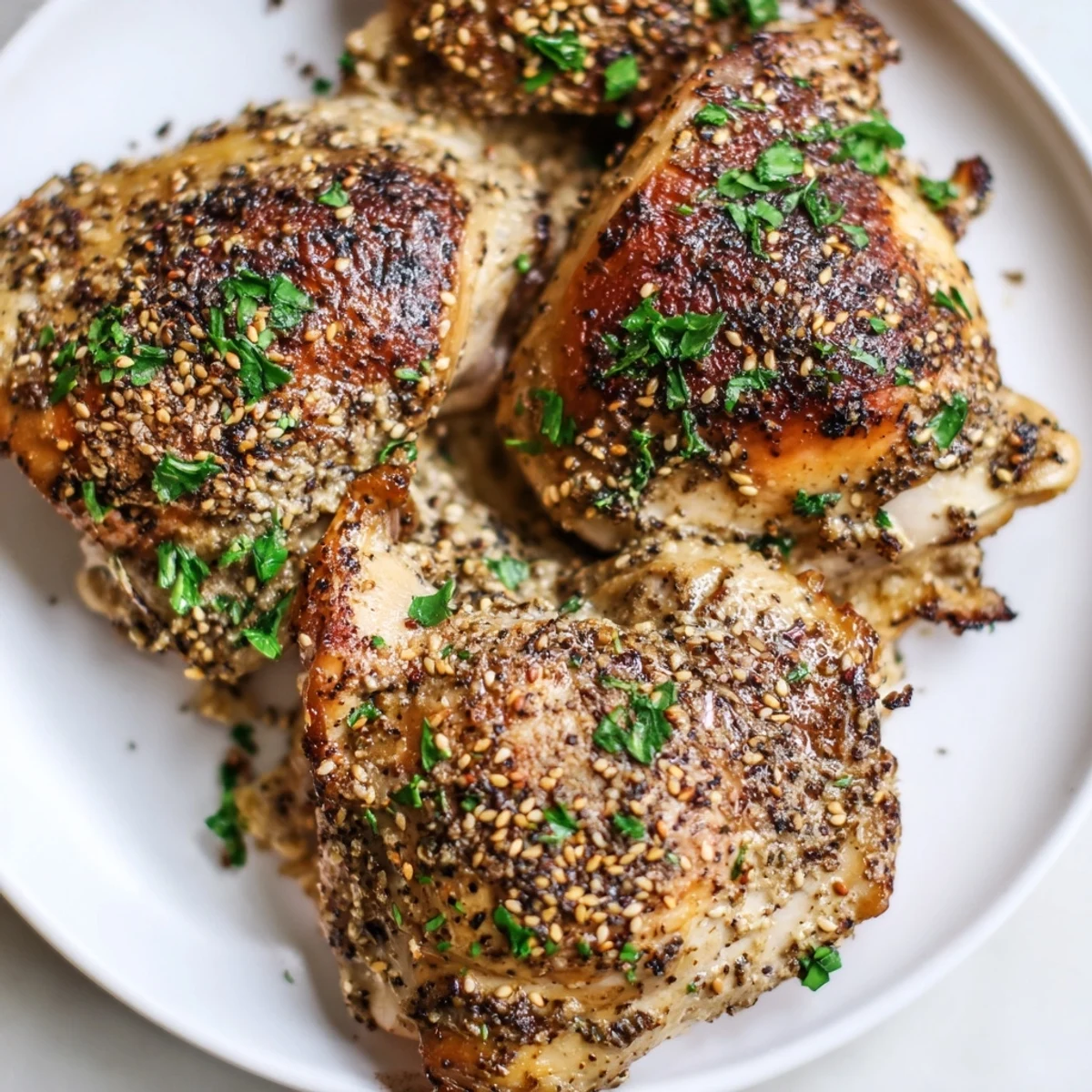 Golden-brown Zaatar Tahini Chicken Thighs with crispy skin and fresh parsley garnish on a rustic plate.