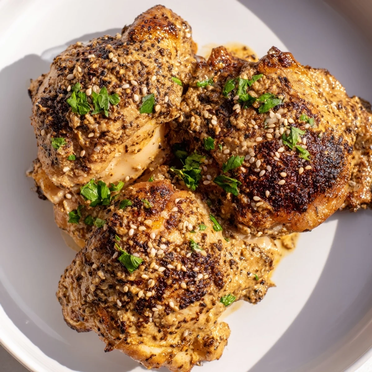 Savory roasted Zaatar Tahini Chicken Thighs served with lemon wedges and fluffy rice for dinner.