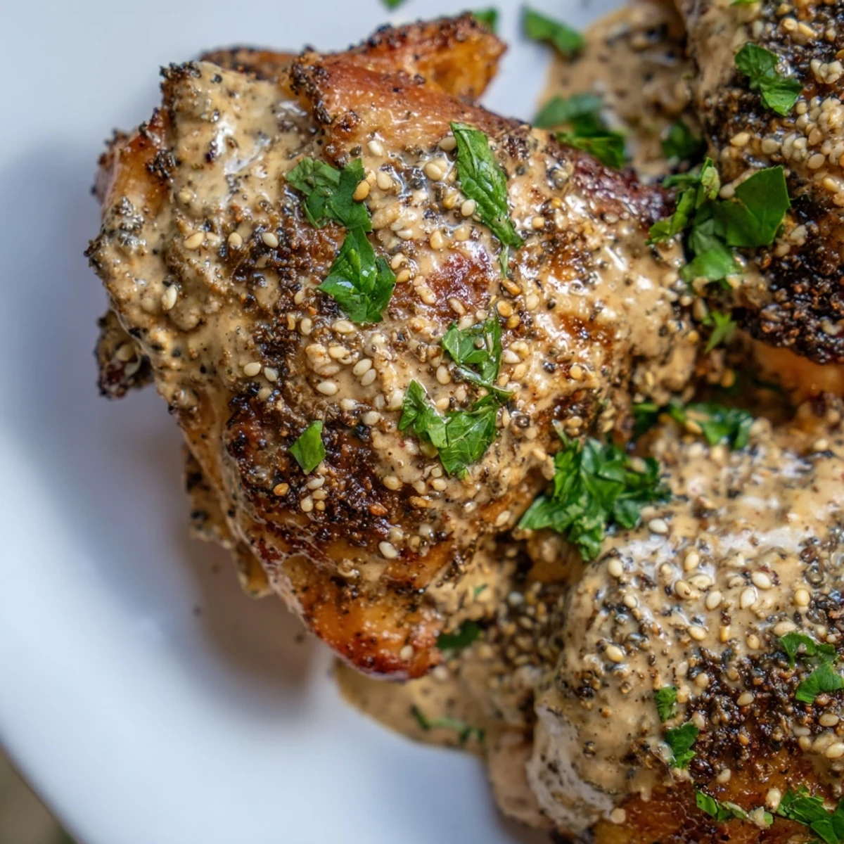 Juicy Zaatar Tahini Chicken Thighs fresh from the oven, garnished with toasted sesame seeds and herbs.