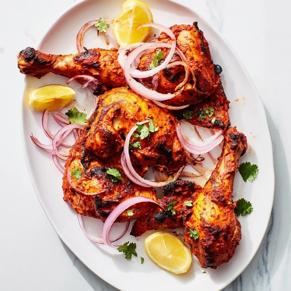 Freshly baked Tandoori Chicken thighs on a wire rack, glistening with smoky char and vibrant red spices, served with lemon wedges and sliced red onion.