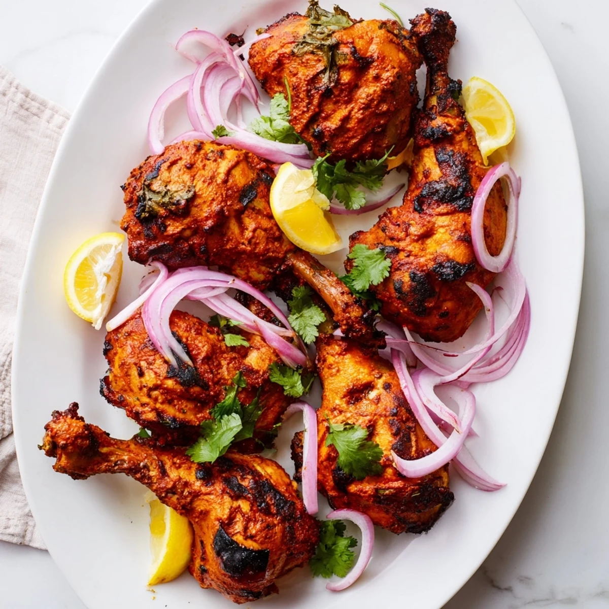A close-up of golden, charred Tandoori Chicken pieces revealing tender meat inside, alongside zesty lemon wedges and bright red onion slices.