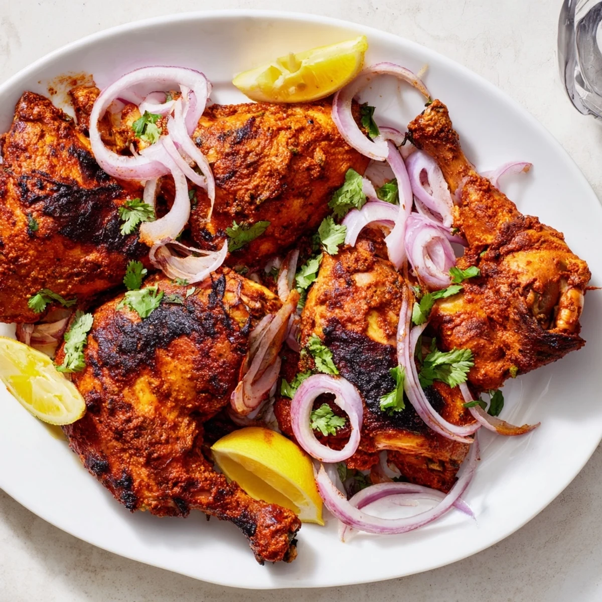 Juicy marinated Tandoori Chicken drumsticks are roasted to perfection, garnished with fresh cilantro and ready to enjoy with fluffy basmati rice.