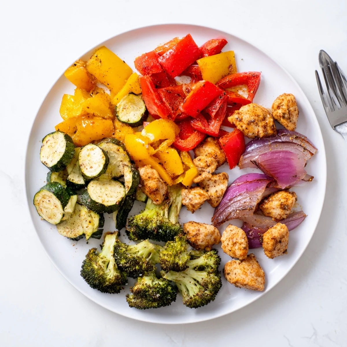 Bright 10-Minute Air Fryer Chicken and Veggies showcase tender chicken and crisp broccoli alongside red onion wedges on a clean white plate for dinner.