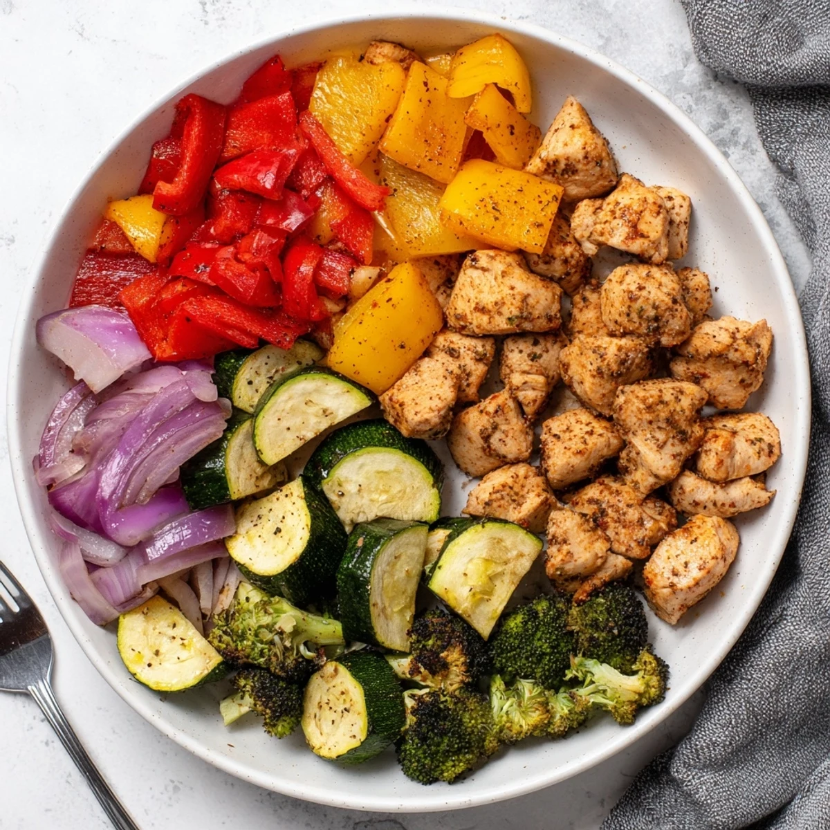 Colorful air fryer chicken and veggies served hot from the basket, featuring juicy chicken pieces with vibrant bell peppers and zucchini on a rustic plate.