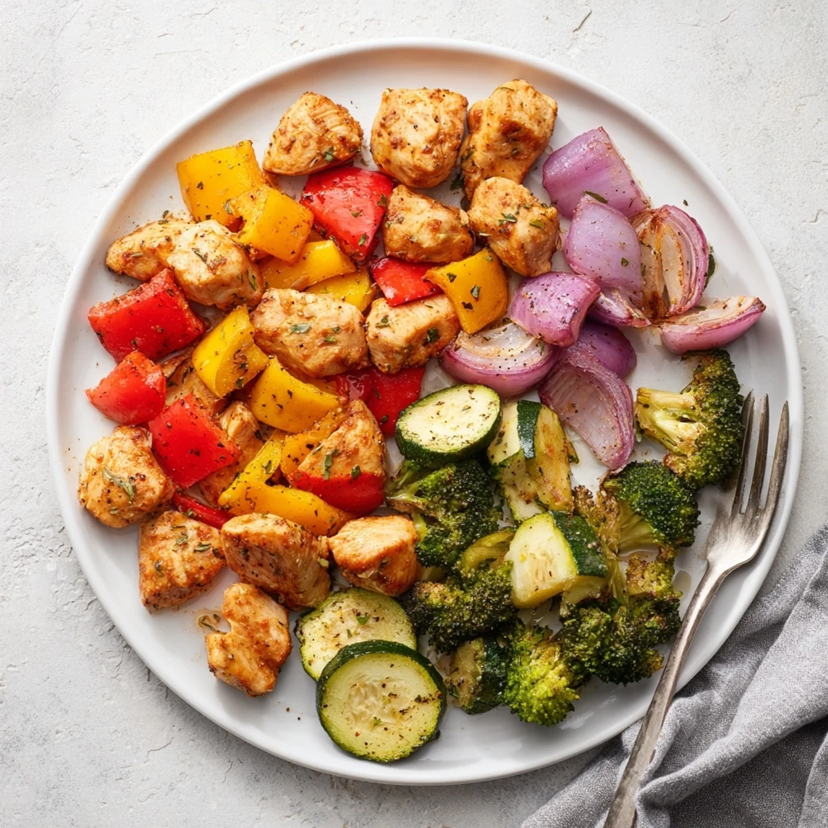 A steaming plate of 10-Minute Air Fryer Chicken and Veggies highlights golden chicken breast, red and yellow peppers, and zucchini slices ready to eat.