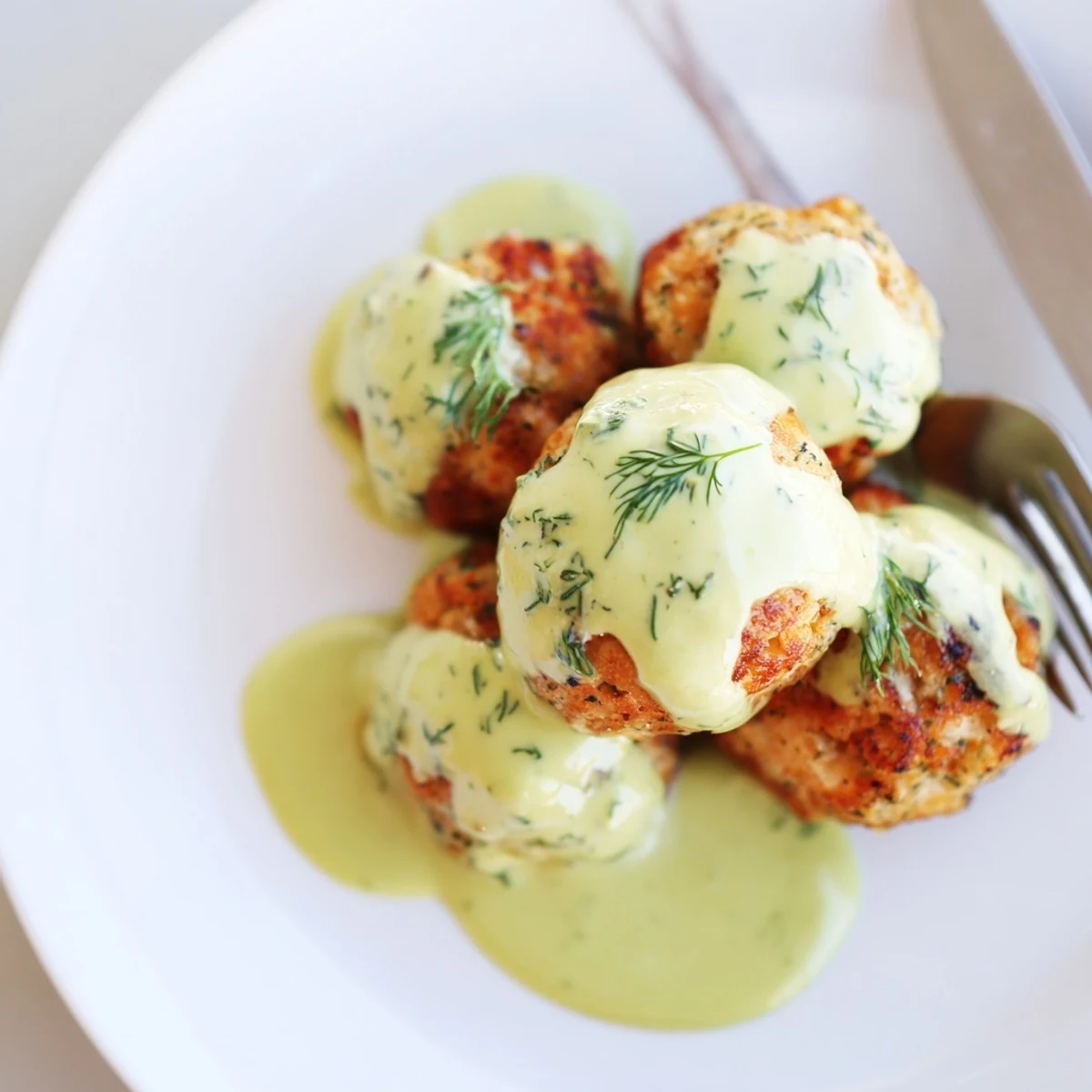 Golden-brown salmon balls resting on a white plate, drizzled with creamy avocado sauce and fresh dill.