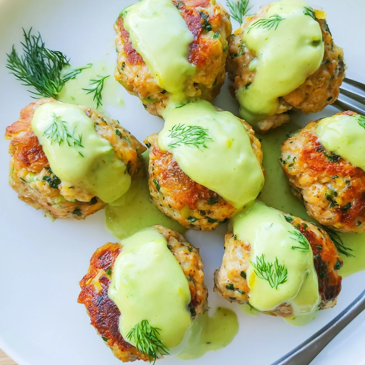 Tender salmon balls with creamy avocado sauce served on a platter, garnished with parsley for a fresh appetizer.