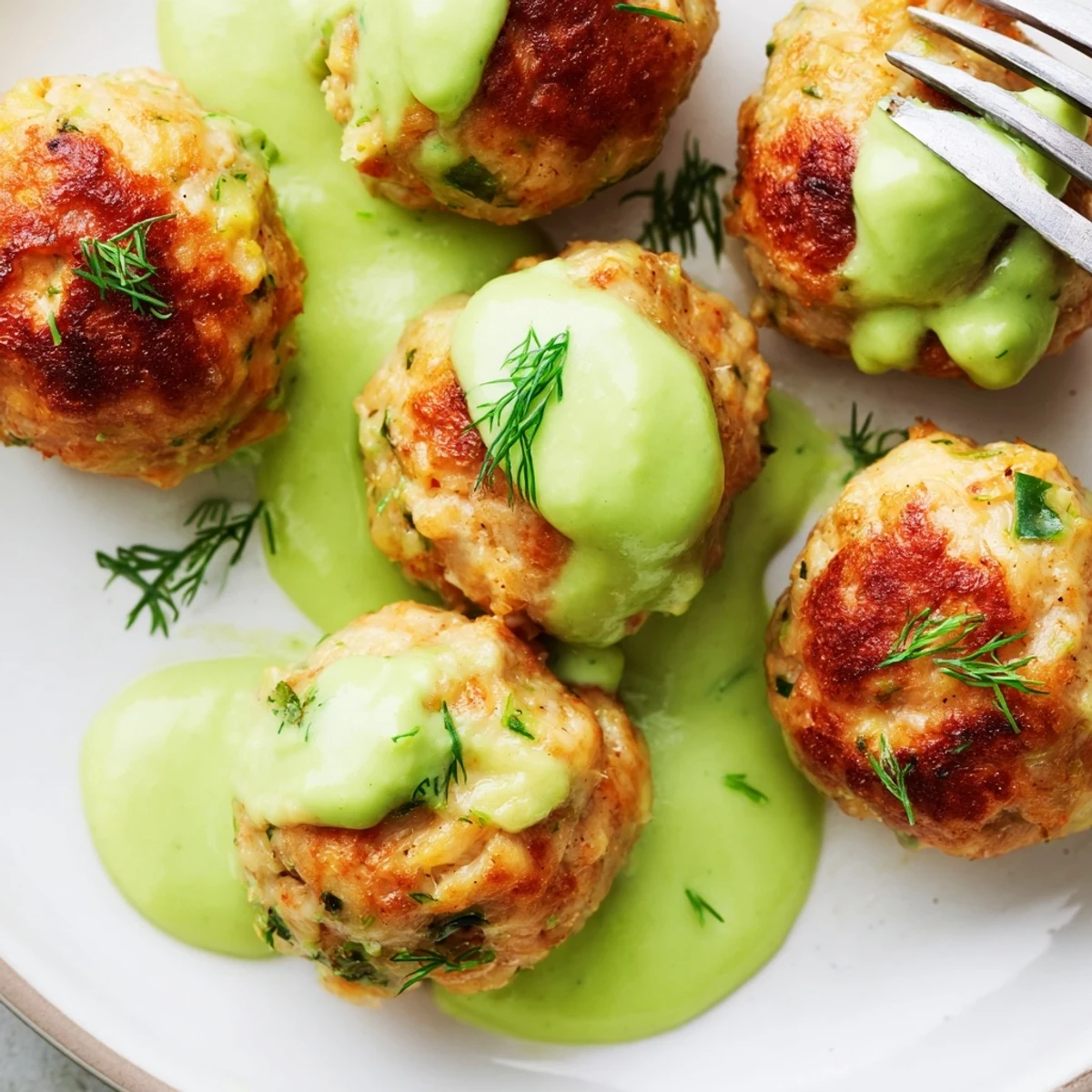 Savory salmon balls accompanied by a smooth avocado sauce, perfect for a light main dish or party snack.