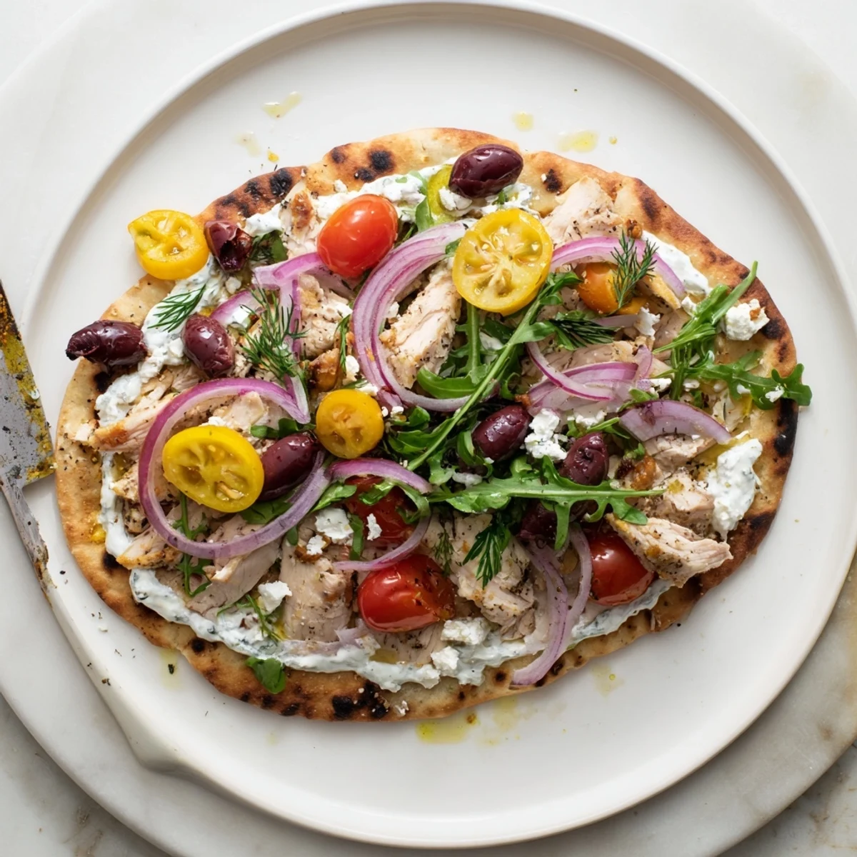 Zesty Lemon Herb Chicken Flatbread topped with cherry tomatoes and a cool dill yogurt drizzle.