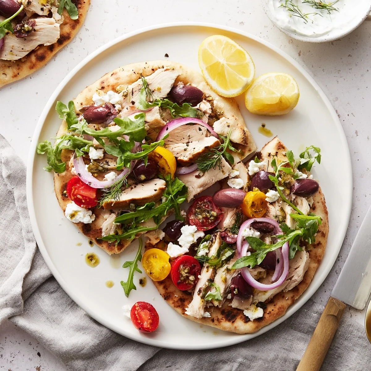 Baked Mediterranean flatbread with sliced chicken, Kalamata olives, red onion, and crumbled feta cheese.