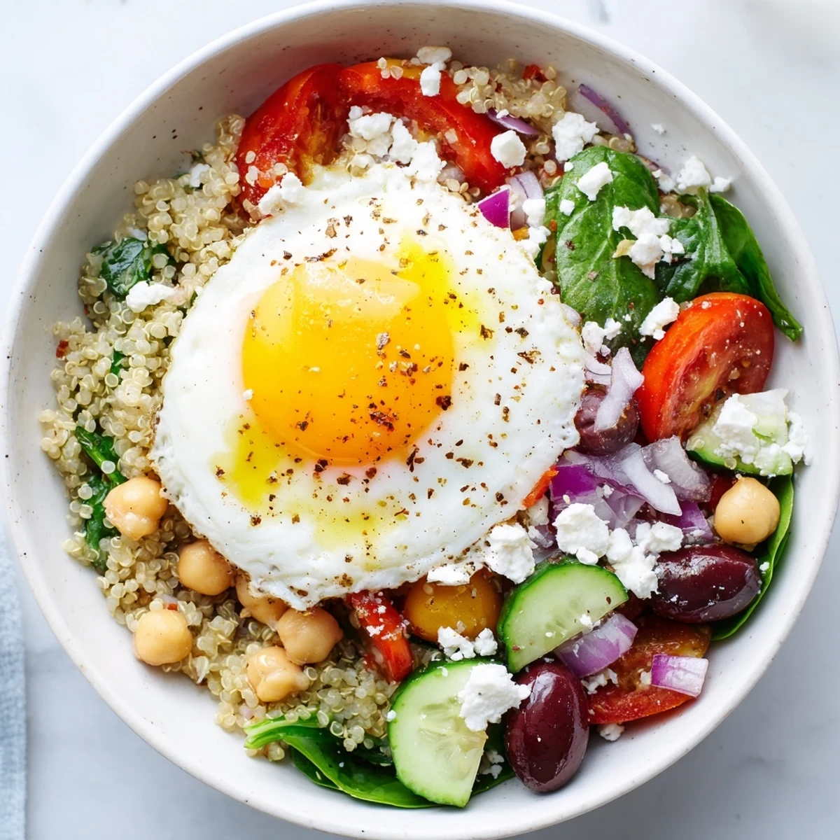 Bright Mediterranean Breakfast Bowls topped with a sunny fried egg and crumbled feta, arranged on a rustic wooden table.