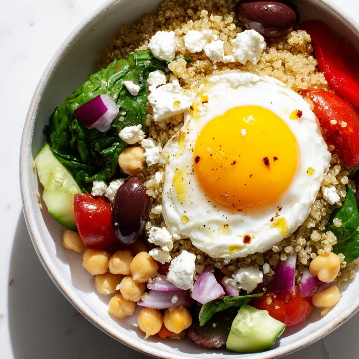 Colorful Mediterranean Breakfast Bowls served with vibrant veggies and Kalamata olives, ready to enjoy for a nourishing vegetarian meal.