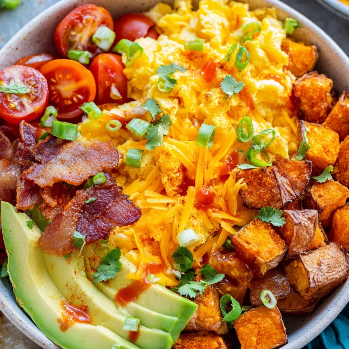 Colorful Loaded Breakfast Bowl featuring fluffy eggs, savory bacon, diced avocado, and green onions, ready to enjoy at the breakfast table.