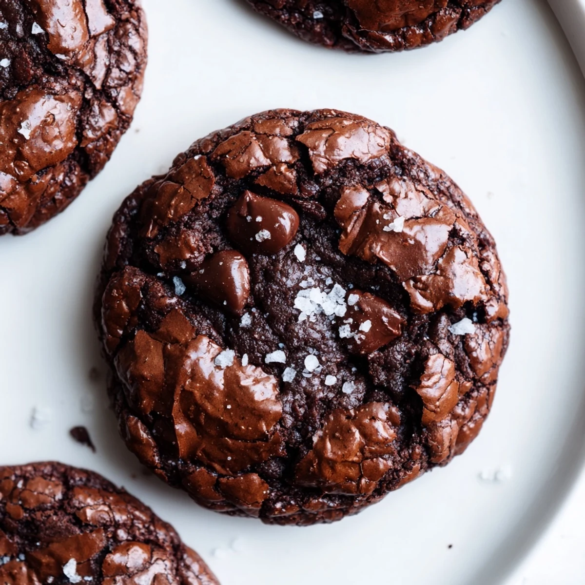 These Gourmet Brownie Cookies are stacked on a rustic wooden board, revealing the glossy chocolate chips inside.