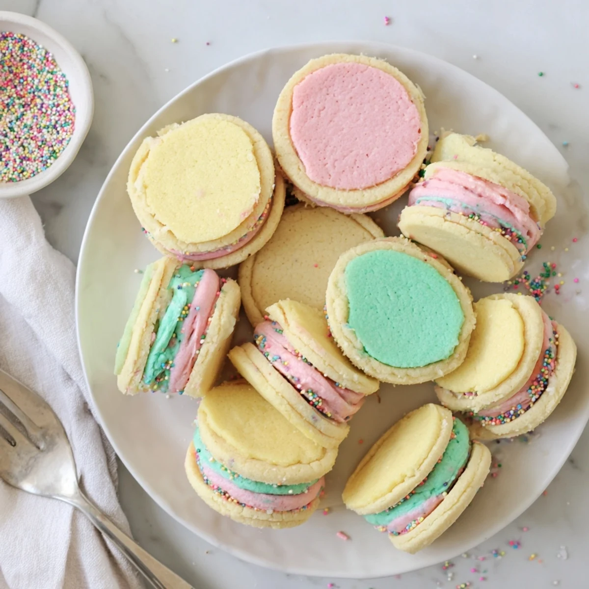 Brightly colored pastel sugar cookie sandwiches stacked on a white plate, showing creamy buttercream filling between two delicate, round cookies.