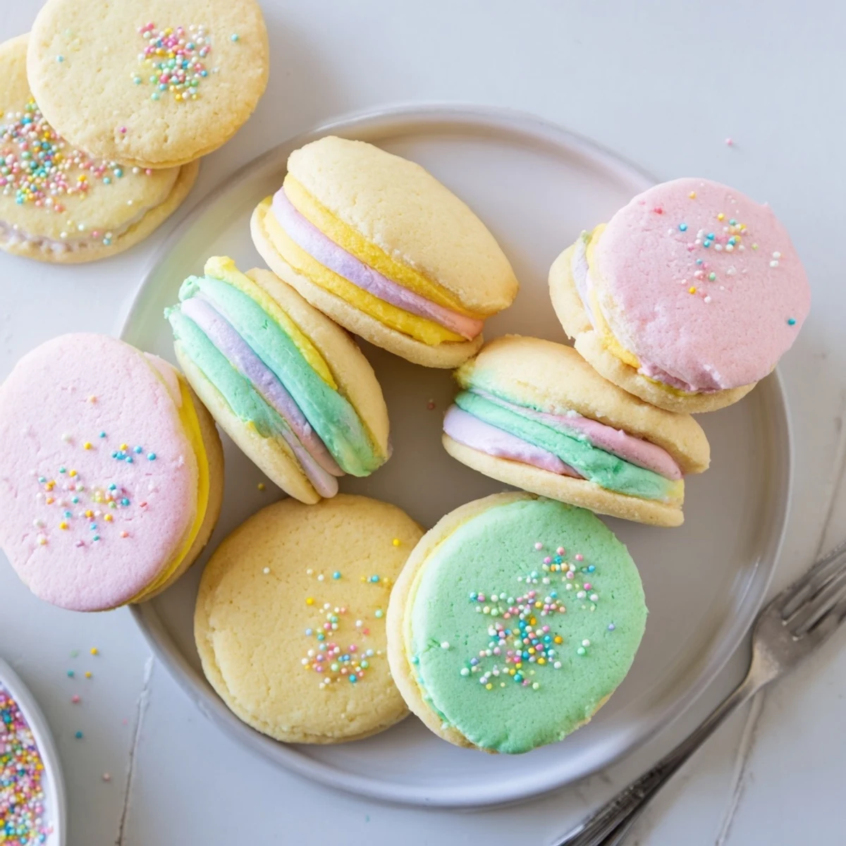 Golden-edged pastel sugar cookie sandwiches arranged on a wire cooling rack with vibrant buttercream layers peeking out from the sides.