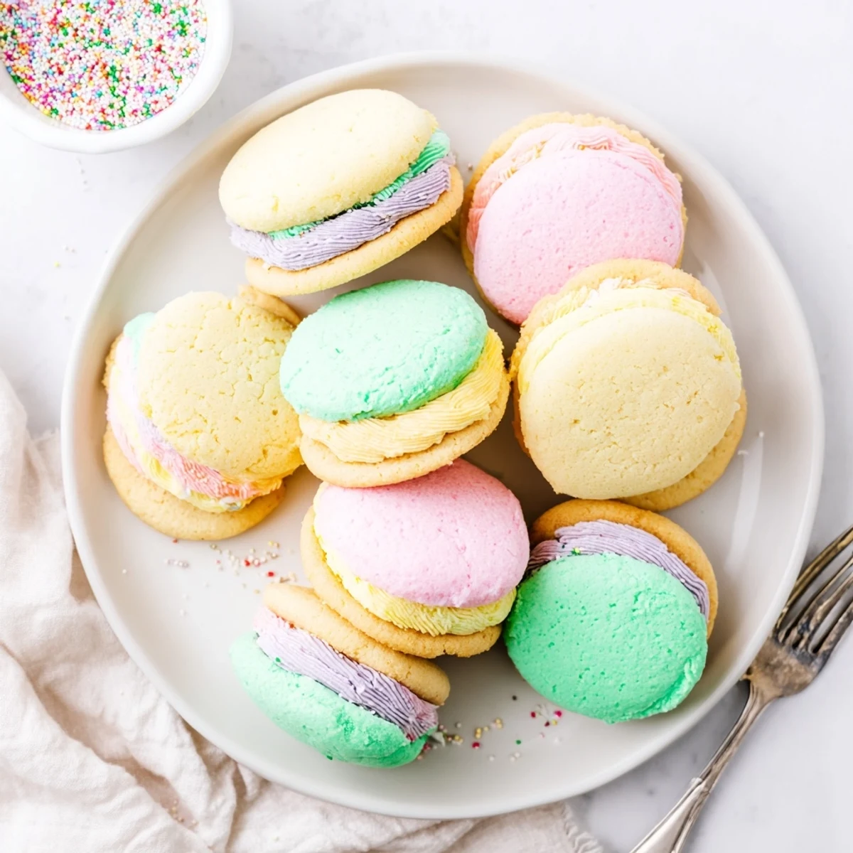 Freshly baked pastel sugar cookie sandwiches on a marble countertop, perfect for spring parties and served with a glass of cold milk.